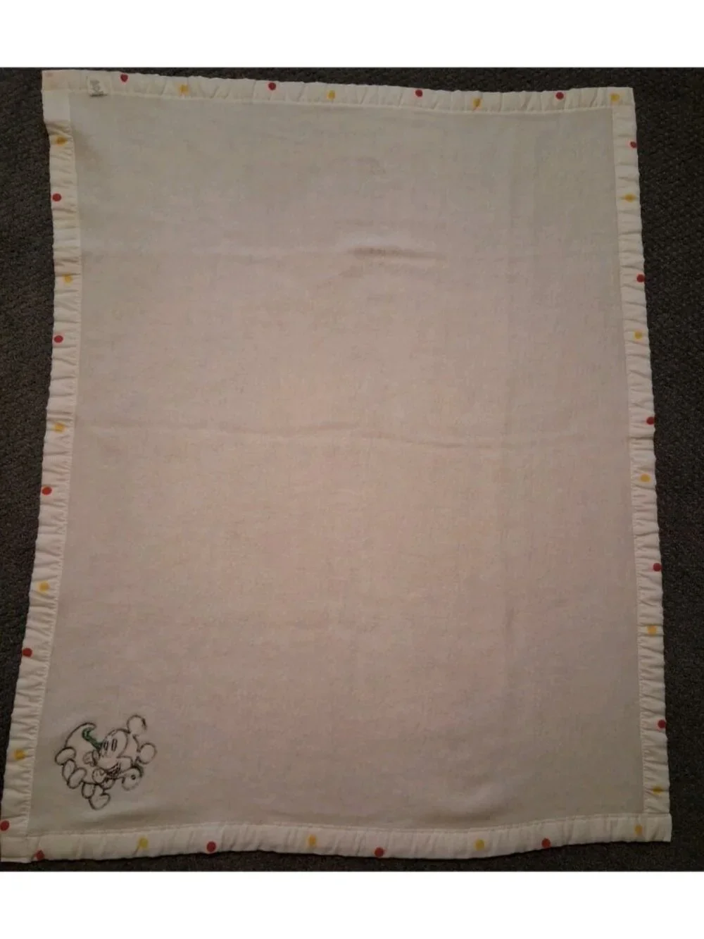 Vtg Disney Mickey Mouse & Dinosaur Acrylic Baby Blanket Polka Dot Trim USA